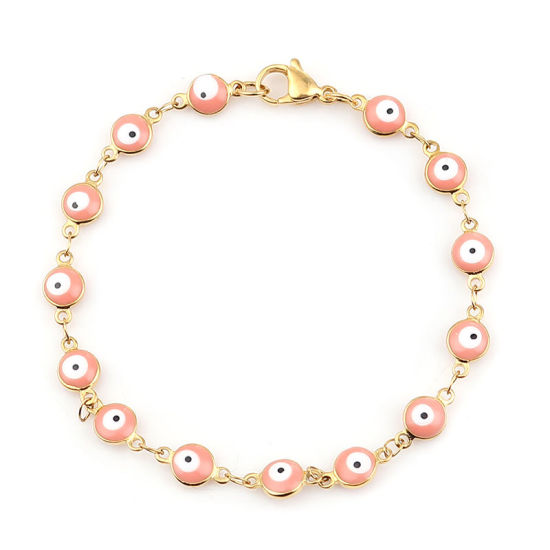 Image de 1 Pièce Bracelets en 304 Acier Inoxydable Placage sous Vide Doré Rose Pêche Mauvais Œil Émail 19.2cm long