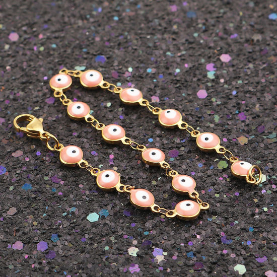 Image de 1 Pièce Bracelets en 304 Acier Inoxydable Placage sous Vide Doré Rose Pêche Mauvais Œil Émail 19.2cm long