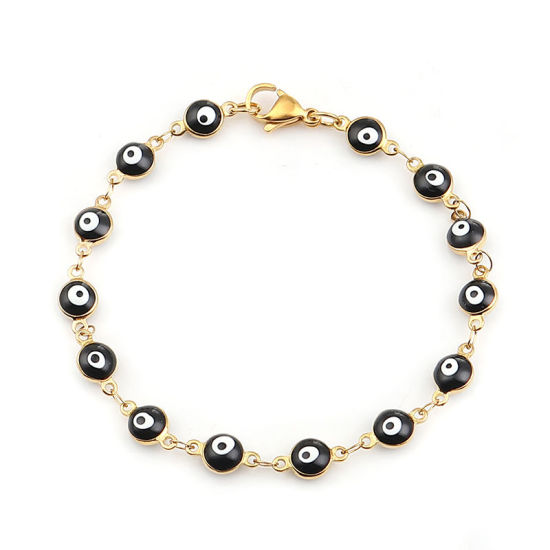 Image de 1 Pièce Bracelets en 304 Acier Inoxydable Placage sous Vide Doré Noir Mauvais Œil Émail 19.2cm long