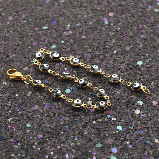 Image de 1 Pièce Bracelets en 304 Acier Inoxydable Placage sous Vide Doré Noir Mauvais Œil Émail 19.2cm long