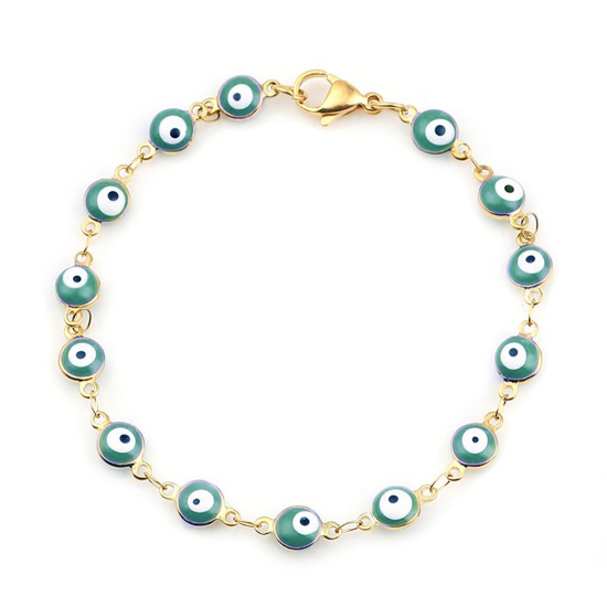 Image de 1 Pièce Bracelets en 304 Acier Inoxydable Placage sous Vide Doré Bleu-Vert Mauvais Œil Émail 19.2cm long