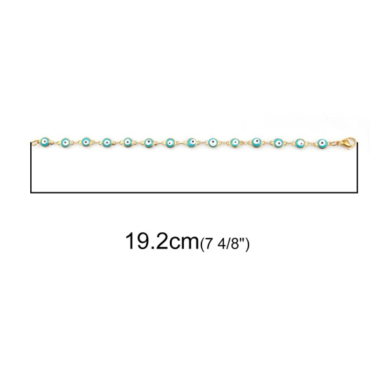 Image de 1 Pièce Bracelets en 304 Acier Inoxydable Placage sous Vide Doré Bleu-Vert Mauvais Œil Émail 19.2cm long