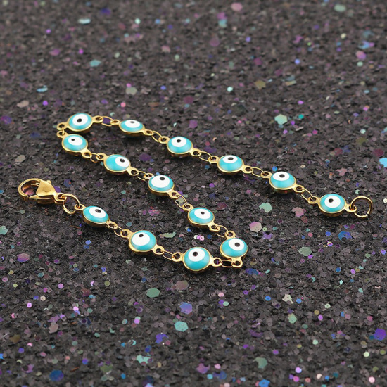 Image de 1 Pièce Bracelets en 304 Acier Inoxydable Placage sous Vide Doré Bleu-Vert Mauvais Œil Émail 19.2cm long