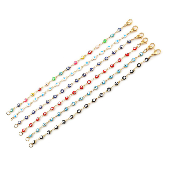 Image de 1 Pièce Bracelets en 304 Acier Inoxydable Placage sous Vide Doré Bleu-Vert Mauvais Œil Émail 19.2cm long