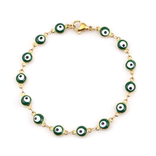 Image de 1 Pièce Bracelets en 304 Acier Inoxydable Placage sous Vide Doré Vert Foncé Mauvais Œil Émail 19.2cm long