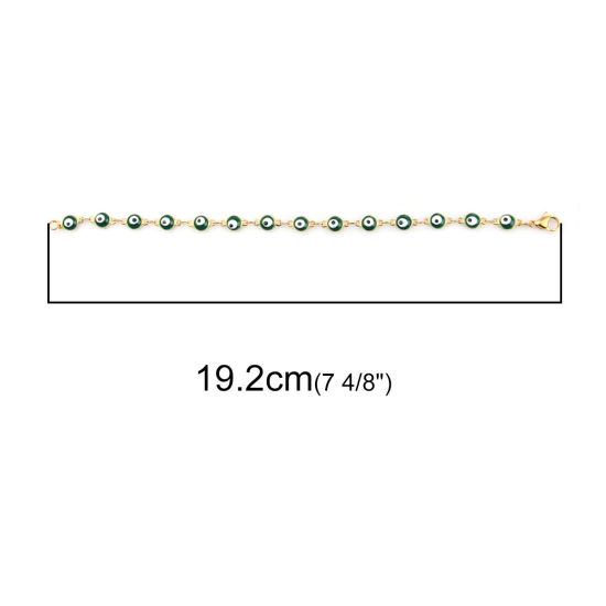 Image de 1 Pièce Bracelets en 304 Acier Inoxydable Placage sous Vide Doré Vert Foncé Mauvais Œil Émail 19.2cm long