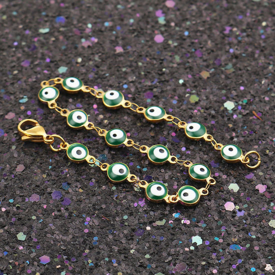 Image de 1 Pièce Bracelets en 304 Acier Inoxydable Placage sous Vide Doré Vert Foncé Mauvais Œil Émail 19.2cm long