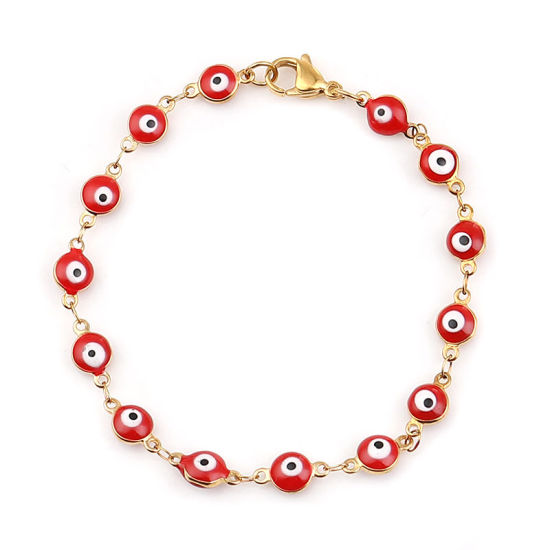 Image de 1 Pièce Bracelets en 304 Acier Inoxydable Placage sous Vide Doré Rouge Mauvais Œil Émail 19.2cm long