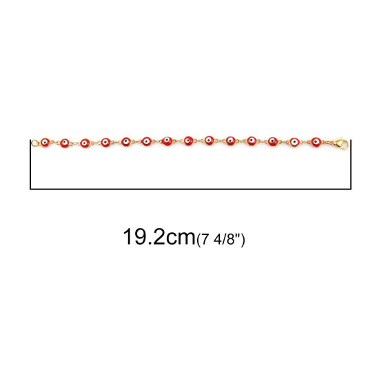 Image de 1 Pièce Bracelets en 304 Acier Inoxydable Placage sous Vide Doré Rouge Mauvais Œil Émail 19.2cm long