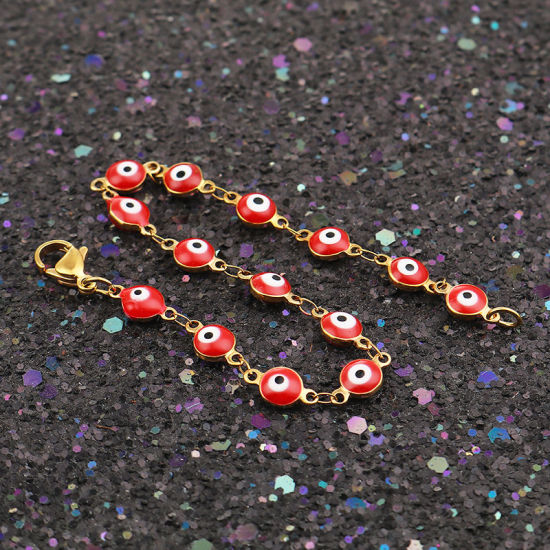Image de 1 Pièce Bracelets en 304 Acier Inoxydable Placage sous Vide Doré Rouge Mauvais Œil Émail 19.2cm long