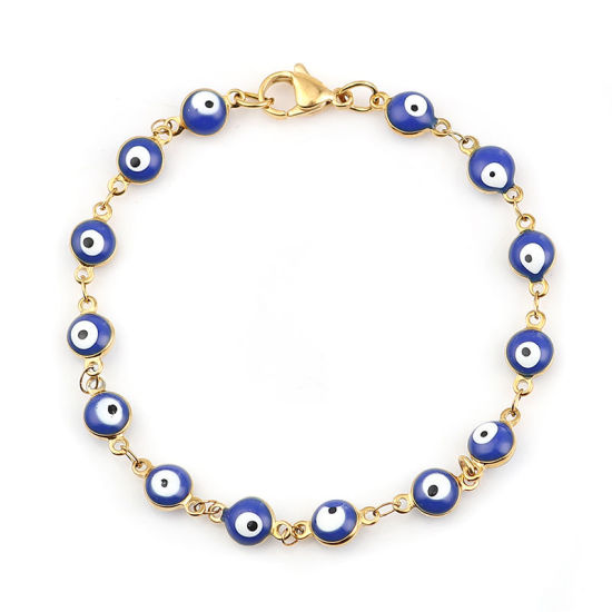 Image de 1 Pièce Bracelets en 304 Acier Inoxydable Placage sous Vide Doré Bleu Foncé Mauvais Œil Émail 19.2cm long