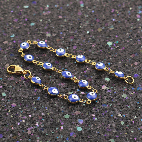 Image de 1 Pièce Bracelets en 304 Acier Inoxydable Placage sous Vide Doré Bleu Foncé Mauvais Œil Émail 19.2cm long