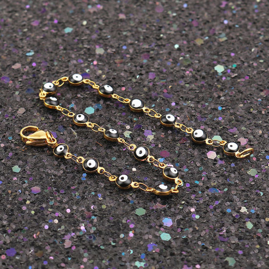 1 本 真空メッキ 304ステンレス鋼 ブレスレット 金メッキ 黒 邪眼 エナメル 18.7cm 長さ、 の画像