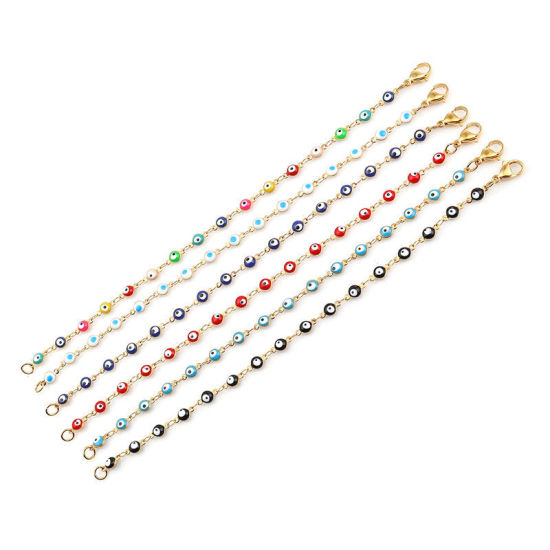 1 本 真空メッキ 304ステンレス鋼 ブレスレット 金メッキ 黒 邪眼 エナメル 18.7cm 長さ、 の画像