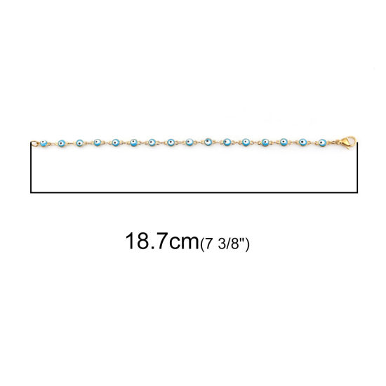 1 本 真空メッキ 304ステンレス鋼 ブレスレット 金メッキ 空色 邪眼 エナメル 18.7cm 長さ、 の画像
