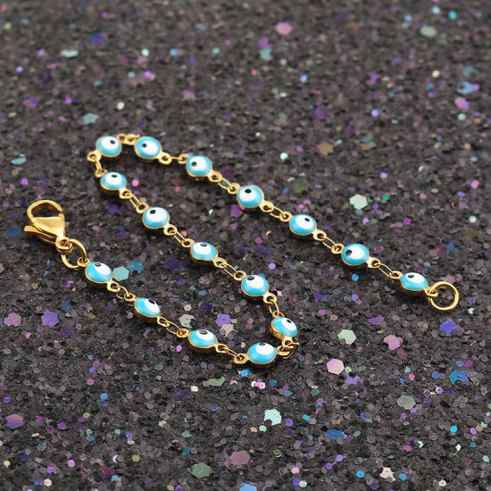 1 本 真空メッキ 304ステンレス鋼 ブレスレット 金メッキ 空色 邪眼 エナメル 18.7cm 長さ、 の画像