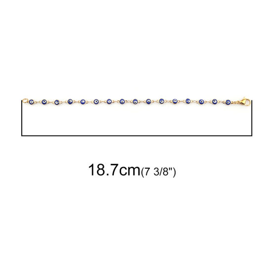 1 本 真空メッキ 304ステンレス鋼 ブレスレット 金メッキ 紺碧 邪眼 エナメル 18.7cm 長さ、 の画像