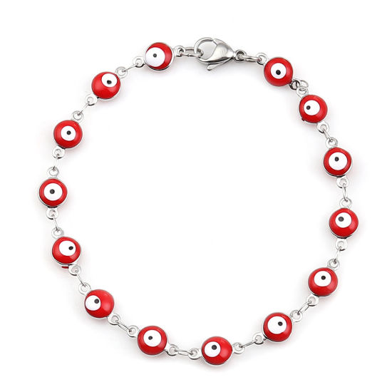 Image de Bracelets en 304 Acier Inoxydable Argent Mat Rouge Mauvais Œil Émail 19cm long, 1 Pièce