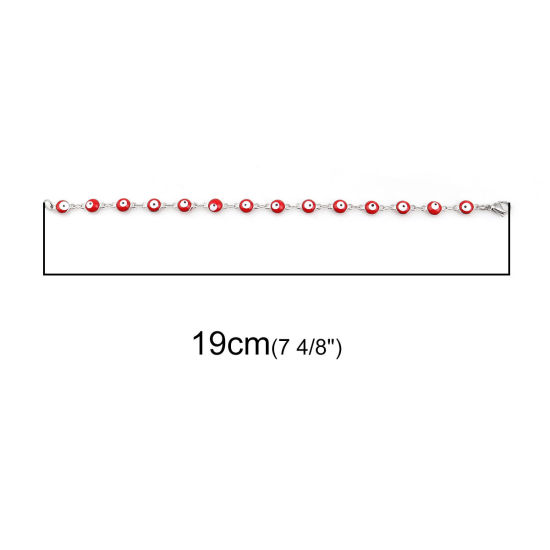 Image de Bracelets en 304 Acier Inoxydable Argent Mat Rouge Mauvais Œil Émail 19cm long, 1 Pièce