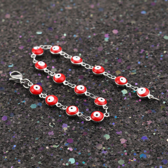 Image de Bracelets en 304 Acier Inoxydable Argent Mat Rouge Mauvais Œil Émail 19cm long, 1 Pièce
