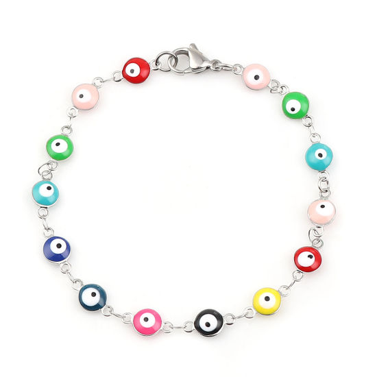 Image de Bracelets en 304 Acier Inoxydable Argent Mat Multicolore Mauvais Œil Émail 19.5cm long, 1 Pièce