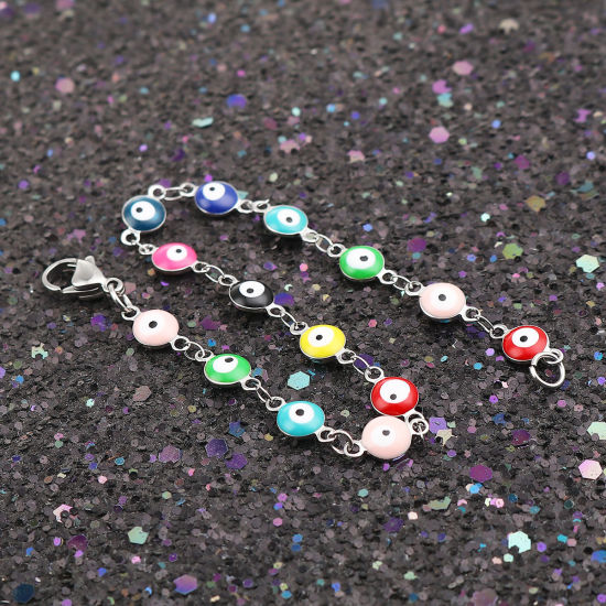 Image de Bracelets en 304 Acier Inoxydable Argent Mat Multicolore Mauvais Œil Émail 19.5cm long, 1 Pièce