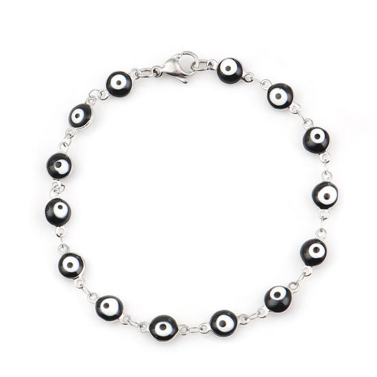 Image de Bracelets en 304 Acier Inoxydable Argent Mat Noir Mauvais Œil Émail 19cm long, 1 Pièce