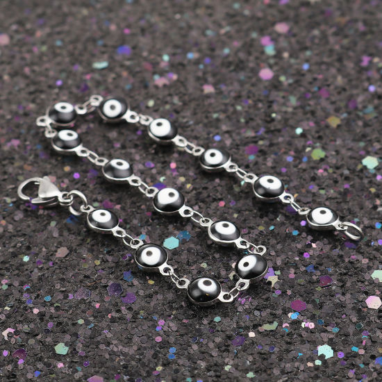 Image de Bracelets en 304 Acier Inoxydable Argent Mat Noir Mauvais Œil Émail 19cm long, 1 Pièce