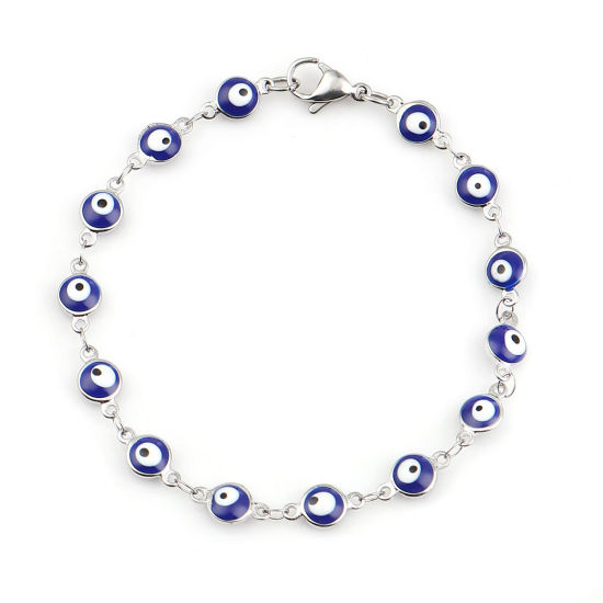 Image de Bracelets en 304 Acier Inoxydable Argent Mat Bleu Foncé Mauvais Œil Émail 19cm long, 1 Pièce