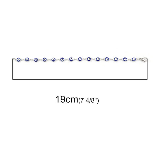Image de Bracelets en 304 Acier Inoxydable Argent Mat Bleu Foncé Mauvais Œil Émail 19cm long, 1 Pièce