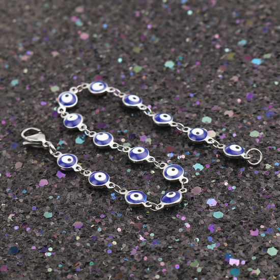 Image de Bracelets en 304 Acier Inoxydable Argent Mat Bleu Foncé Mauvais Œil Émail 19cm long, 1 Pièce