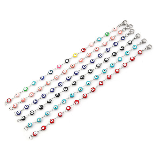 Image de Bracelets en 304 Acier Inoxydable Argent Mat Bleu Foncé Mauvais Œil Émail 19cm long, 1 Pièce