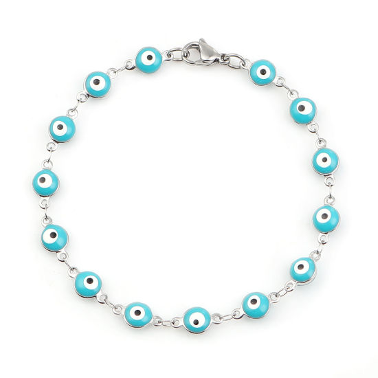 Image de Bracelets en 304 Acier Inoxydable Argent Mat Bleu-Vert Mauvais Œil Émail 19cm long, 1 Pièce