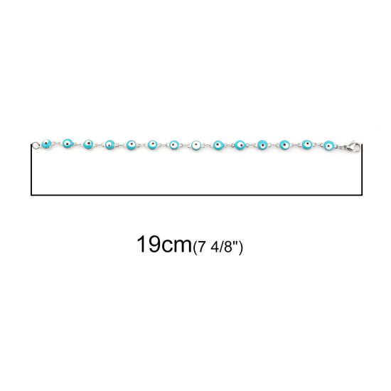 Image de Bracelets en 304 Acier Inoxydable Argent Mat Bleu-Vert Mauvais Œil Émail 19cm long, 1 Pièce