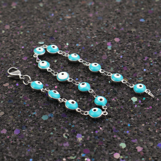 Image de Bracelets en 304 Acier Inoxydable Argent Mat Bleu-Vert Mauvais Œil Émail 19cm long, 1 Pièce