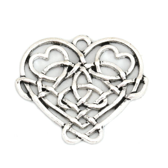 Bild von Zinklegierung Keltischer Knoten Anhänger Herz Antiksilber Hohl 31mm x 26mm, 10 Stück