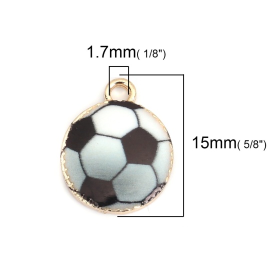 Imagen de Zamak Deporte Colgantes Charms Fútbol KC Dorado Negro & Blanco Esmalte 15mm x 12mm, 10 Unidades