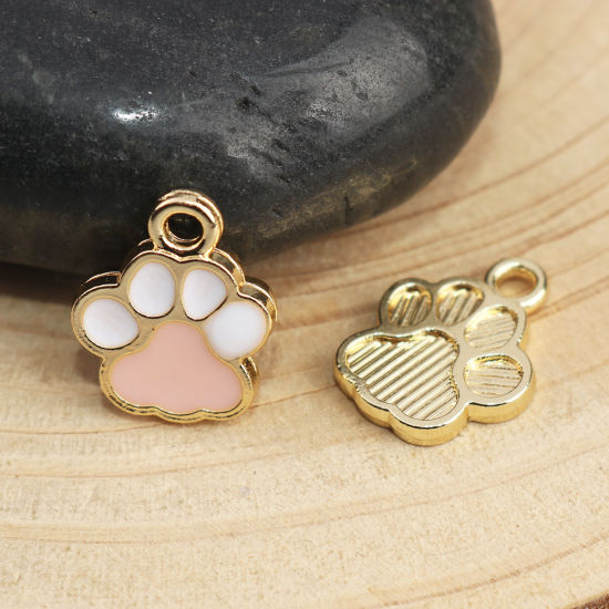 Bild von Haustier Denkmal Charms Kralle Vergoldet Weiß & Rosa Emaille 15mm x 12mm, 10 Stück