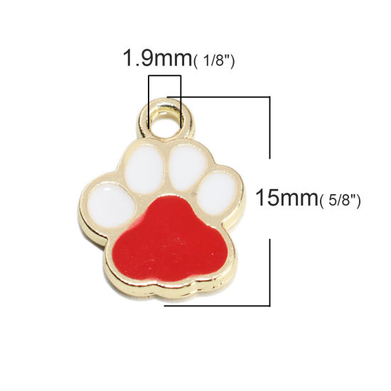 Bild von Haustier Denkmal Charms Kralle Vergoldet Weiß & Rot Emaille 15mm x 12mm, 10 Stück