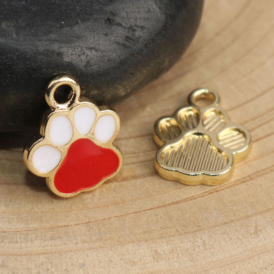 Bild von Haustier Denkmal Charms Kralle Vergoldet Weiß & Rot Emaille 15mm x 12mm, 10 Stück