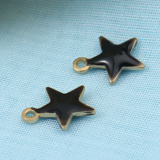 Immagine di Ottone Sequins Smaltati Charms Stella a Cinque Punte Colore di Ottone Nero 9mm x 8mm, 10 Pz