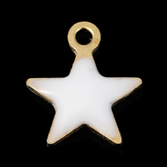 Immagine di Ottone Sequins Smaltati Charms Stella a Cinque Punte Colore di Ottone Bianco 9mm x 8mm, 10 Pz