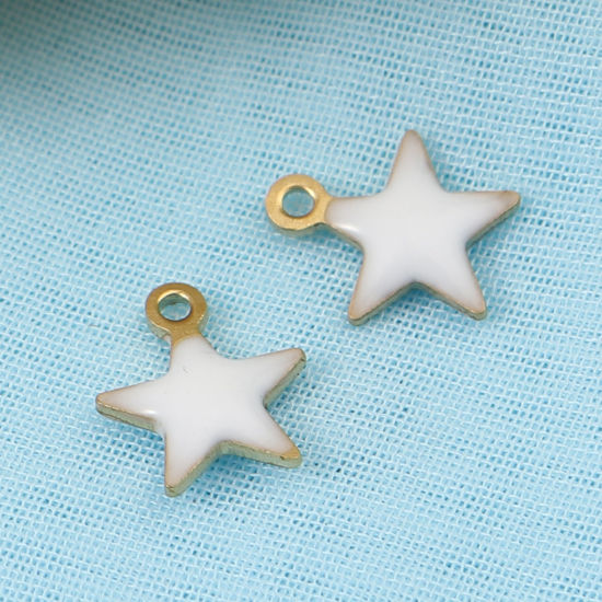 Immagine di Ottone Sequins Smaltati Charms Stella a Cinque Punte Colore di Ottone Bianco 9mm x 8mm, 10 Pz