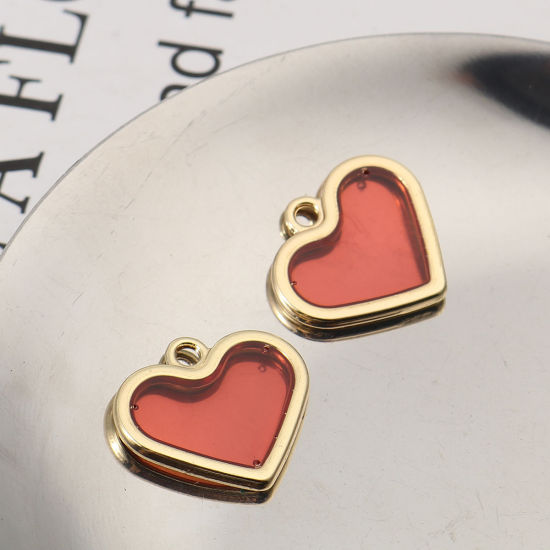 Image de Breloques en Alliage de Zinc+Résine Cœur Transparent Doré Rouge Foncé 19mm x 17mm, 5 Pcs