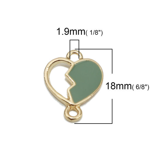 亜鉛合金 コネクターパーツ ブロークンハート 金メッキ 深緑色 エナメル 18mm x 14mm、 10 個 の画像