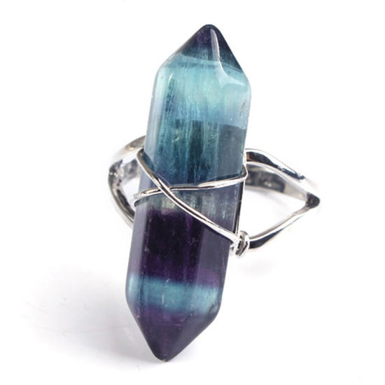 Image de Bagues en Laiton & Fluorite ( Naturel ) Ouvert Ajoustable Argenté Multicolore Colonne Hexagonale 1 Pièce