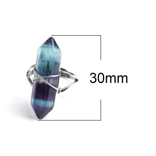 Image de Bagues en Laiton & Fluorite ( Naturel ) Ouvert Ajoustable Argenté Multicolore Colonne Hexagonale 1 Pièce