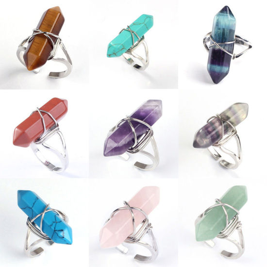 Image de Bagues en Laiton & Fluorite ( Naturel ) Ouvert Ajoustable Argenté Multicolore Colonne Hexagonale 1 Pièce