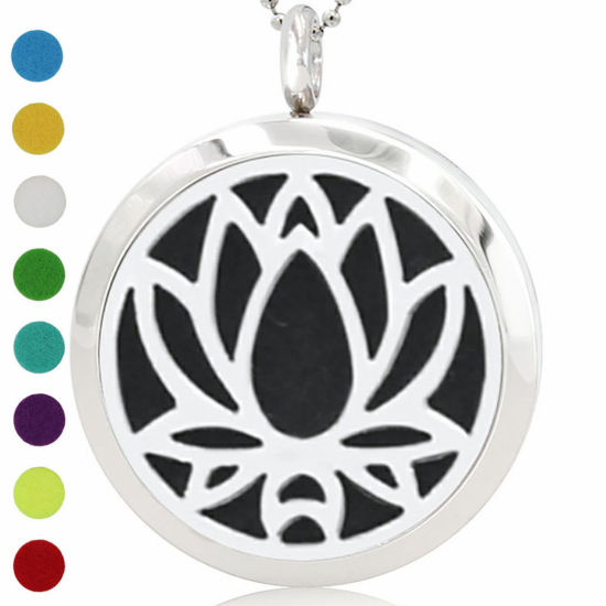 Image de Pendentif Médaillon Huile Essentielle Diffuseur en 316L Acier Inoxydable Rond Argent Mat Fleur de Lotus Pouvoir Ouvrir 30mm Dia. 1 Pièce