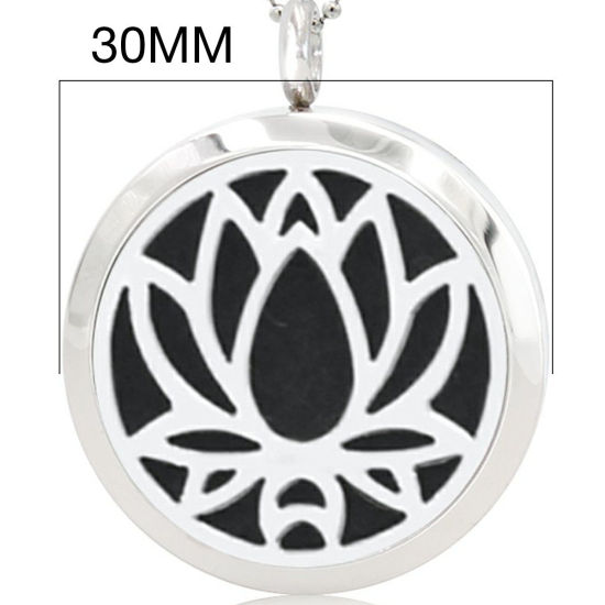 Image de Pendentif Médaillon Huile Essentielle Diffuseur en 316L Acier Inoxydable Rond Argent Mat Fleur de Lotus Pouvoir Ouvrir 30mm Dia. 1 Pièce